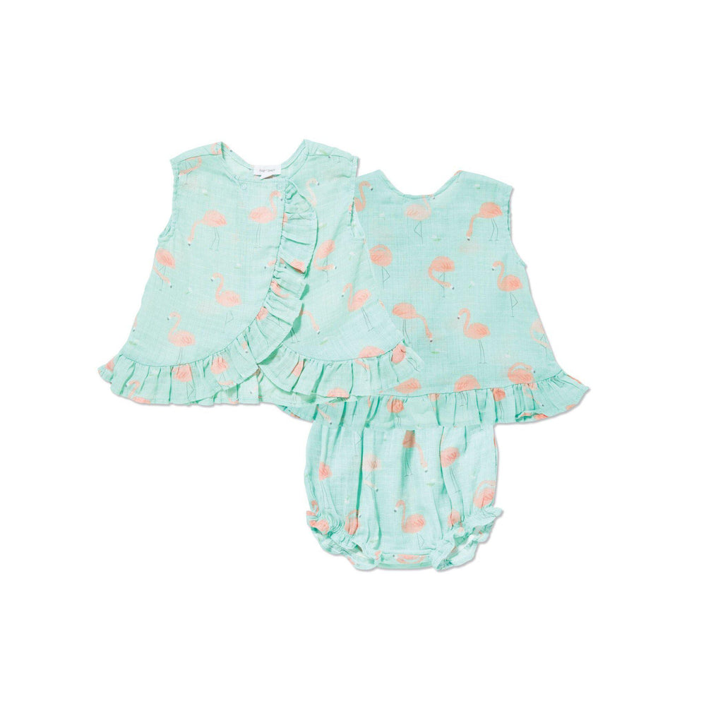 Angel Dear, Baby Girl Apparel - Outfit Sets,  Angel Dear Muslin Ruffle Back Top and Romper - Flamingo