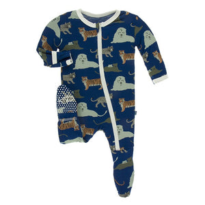 KicKee Pants, Baby Boy Apparel - Pajamas,  Kickee Pants Print Footie with Zipper in Flag Blue Big Cats