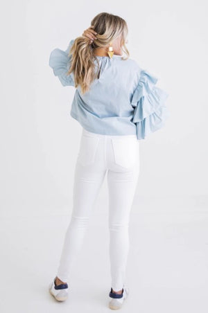 Karlie, Women - Shirts & Tops,  Blue Poplin Ruffle Sleeve Top