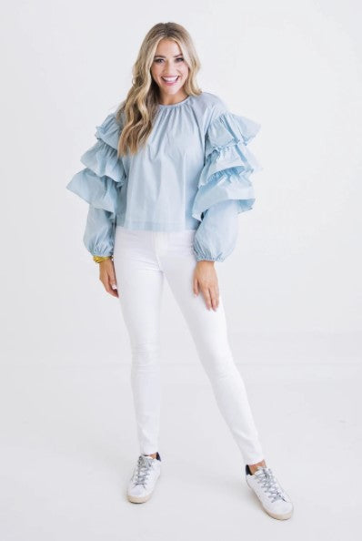 Karlie, Women - Shirts & Tops,  Blue Poplin Ruffle Sleeve Top