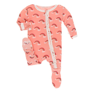 KicKee Pants, Baby Girl Apparel - Pajamas,  Kickee Pants Print Muffin Ruffle Footie with Zipper - Blush Rainbow