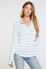 Chaser, Women - Outerwear,  Chaser - Baby Rib Mock Neck Long Sleeve Thumbhole Jacket in Stripe