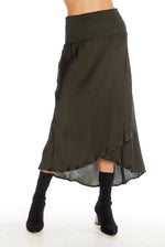 Chaser, Women - Skirts,  Chaser Silky Basics Smocked Waist Faux Wrap Midi Skirt - Kale