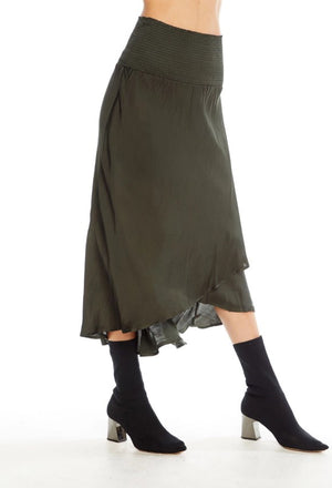 Chaser, Women - Skirts,  Chaser Silky Basics Smocked Waist Faux Wrap Midi Skirt - Kale