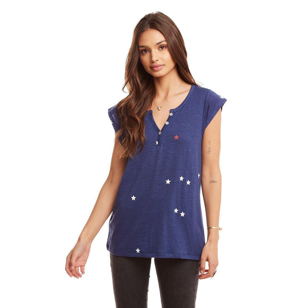 Chaser, Women - Shirts & Tops,  Chaser Linen Jersey Button Front Cap Sleeve Baby Henley