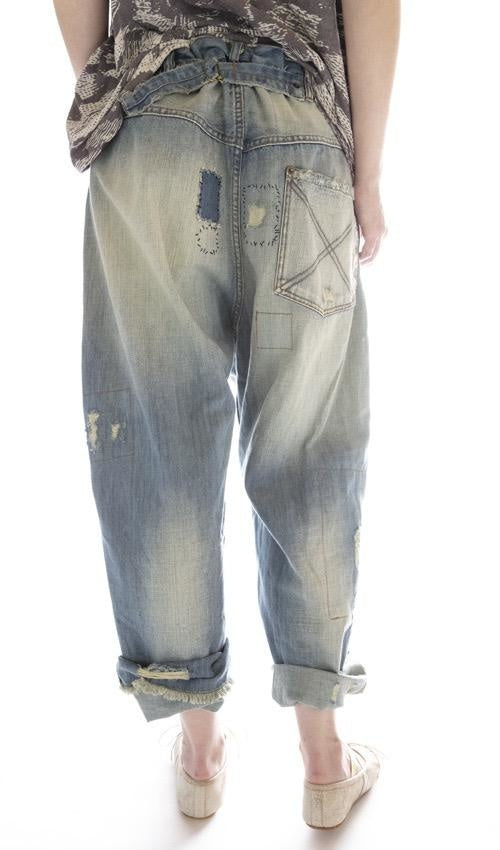 Magnolia Pearl, Magnolia Pearl,  Magnolia Pearl Cotton Miner Denims with Hand Aging, Patching, Distressing and Mending, Button Waist with Buckle at Back