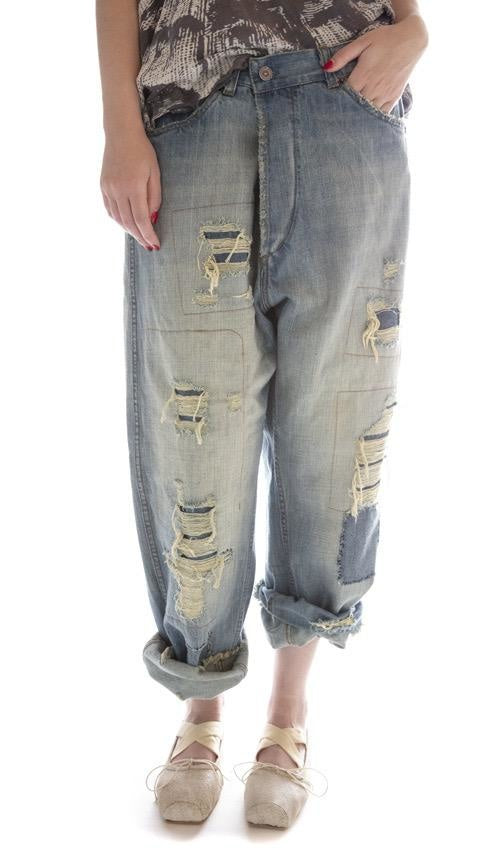 Magnolia Pearl, Magnolia Pearl,  Magnolia Pearl Cotton Miner Denims with Hand Aging, Patching, Distressing and Mending, Button Waist with Buckle at Back