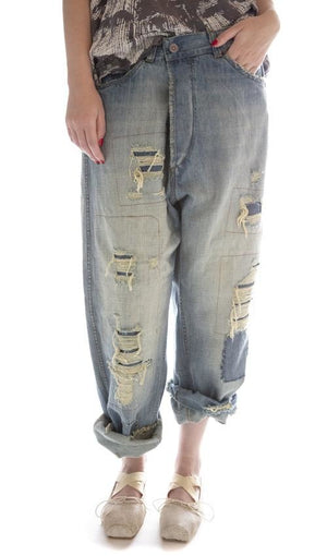 Magnolia Pearl, Magnolia Pearl,  Magnolia Pearl Cotton Miner Denims with Hand Aging, Patching, Distressing and Mending, Button Waist with Buckle at Back