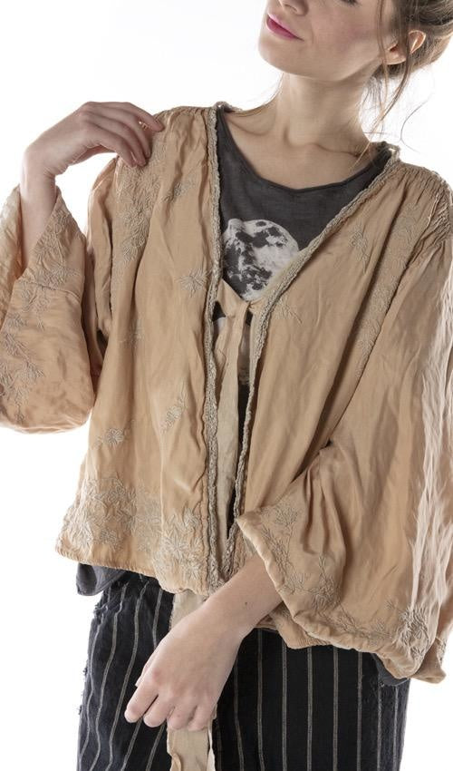 Magnolia Pearl, Magnolia Pearl,  Magnolia Pearl Cotton Silk Floral Embroidered Maeko Jacket with Lace Details, Raw Silk Ties and Cinched Back