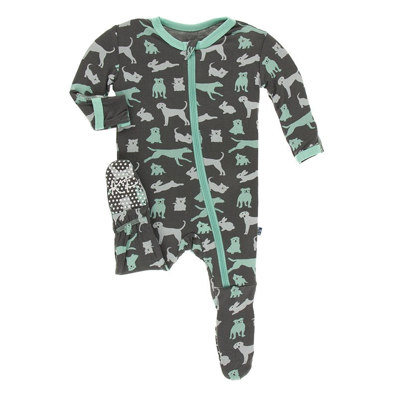 KicKee Pants, Baby Boy Apparel - Pajamas,  Kickee Pants Print Footie with Zipper in Stone Domestic Animals