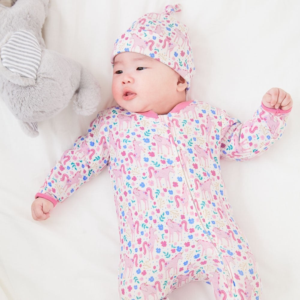 Jojo Maman Bebe, Baby Girl Apparel - One-Pieces,  Pink Unicorn Zipper Baby Footie