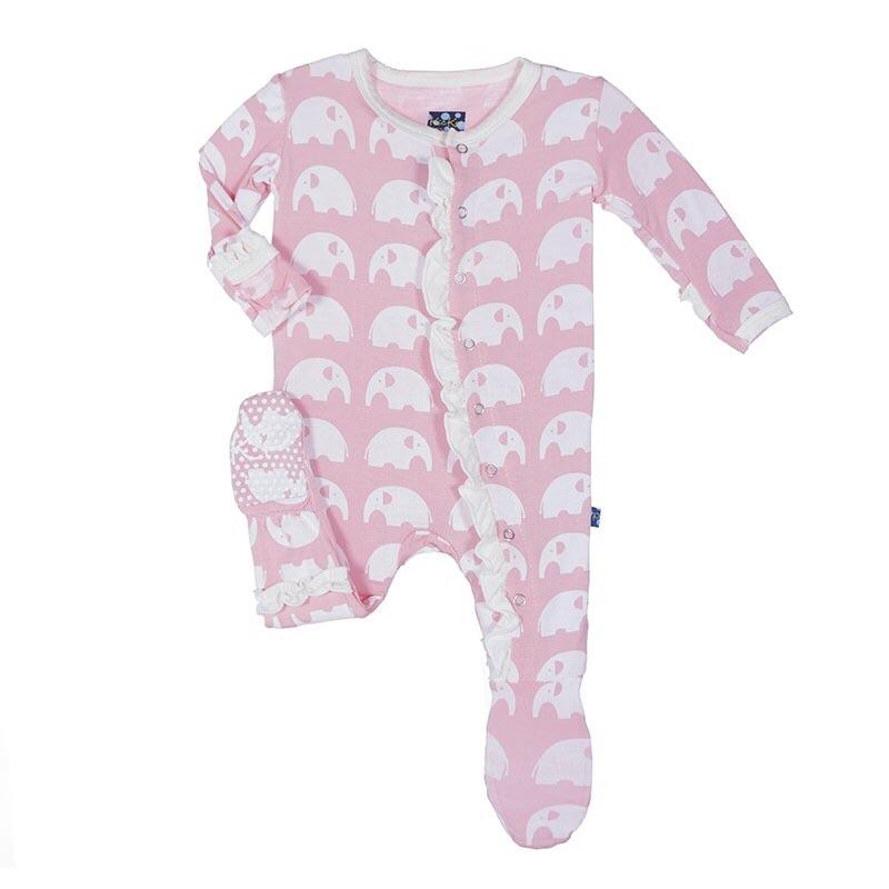 KicKee Pants, Baby Girl Apparel - One-Pieces,  KicKee Pants - Kickee Pants Ruffle Footie - Lotus Elephant