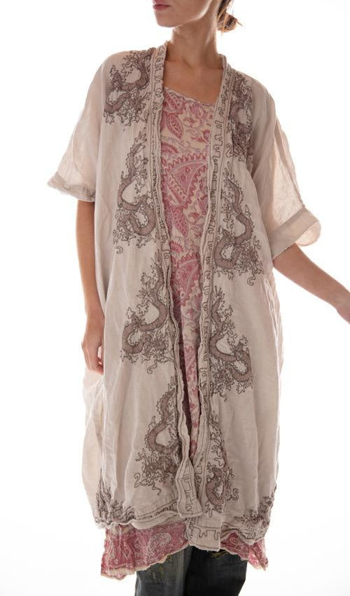 Magnolia Pearl, Magnolia Pearl,  Magnolia Pearl European Linen Dragon Embroidered Dashi Kimono with Fading and Distressing