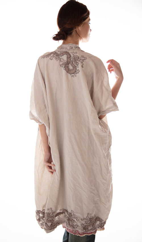 Magnolia Pearl, Magnolia Pearl,  Magnolia Pearl European Linen Dragon Embroidered Dashi Kimono with Fading and Distressing