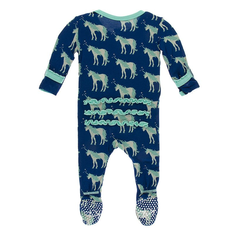 KicKee Pants, Baby Girl Apparel - Pajamas,  Kickee Pants Print Muffin Ruffle Footie with Zipper in Flag Blue Unicorns