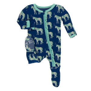 KicKee Pants, Baby Girl Apparel - Pajamas,  Kickee Pants Print Muffin Ruffle Footie with Zipper in Flag Blue Unicorns