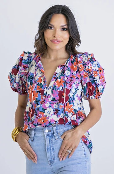 Floral Puff Sleeve Ruffle Top - Eden Lifestyle
