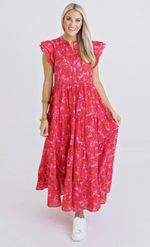 Red Floral Button Tier Midi Dress - Eden Lifestyle