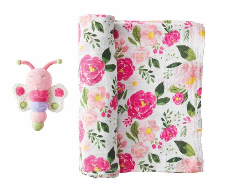 Mud Pie Floral Swaddle Blanket and Rattle - Eden Lifestyle