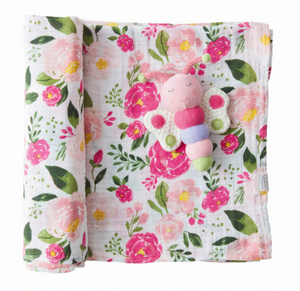 Mud Pie Floral Swaddle Blanket and Rattle - Eden Lifestyle