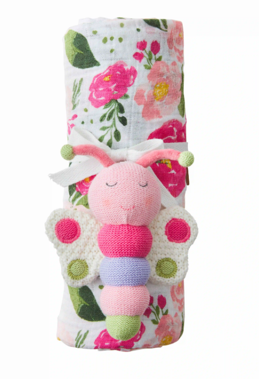 Mud Pie Floral Swaddle Blanket and Rattle - Eden Lifestyle