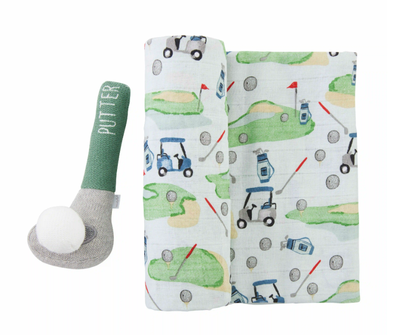 Mud Pie Golf Swaddle Blanket and Rattle - Eden Lifestyle