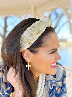 Gold and Ivory Metallic Headband with Pearls and Crosses - Eden Lifestyle