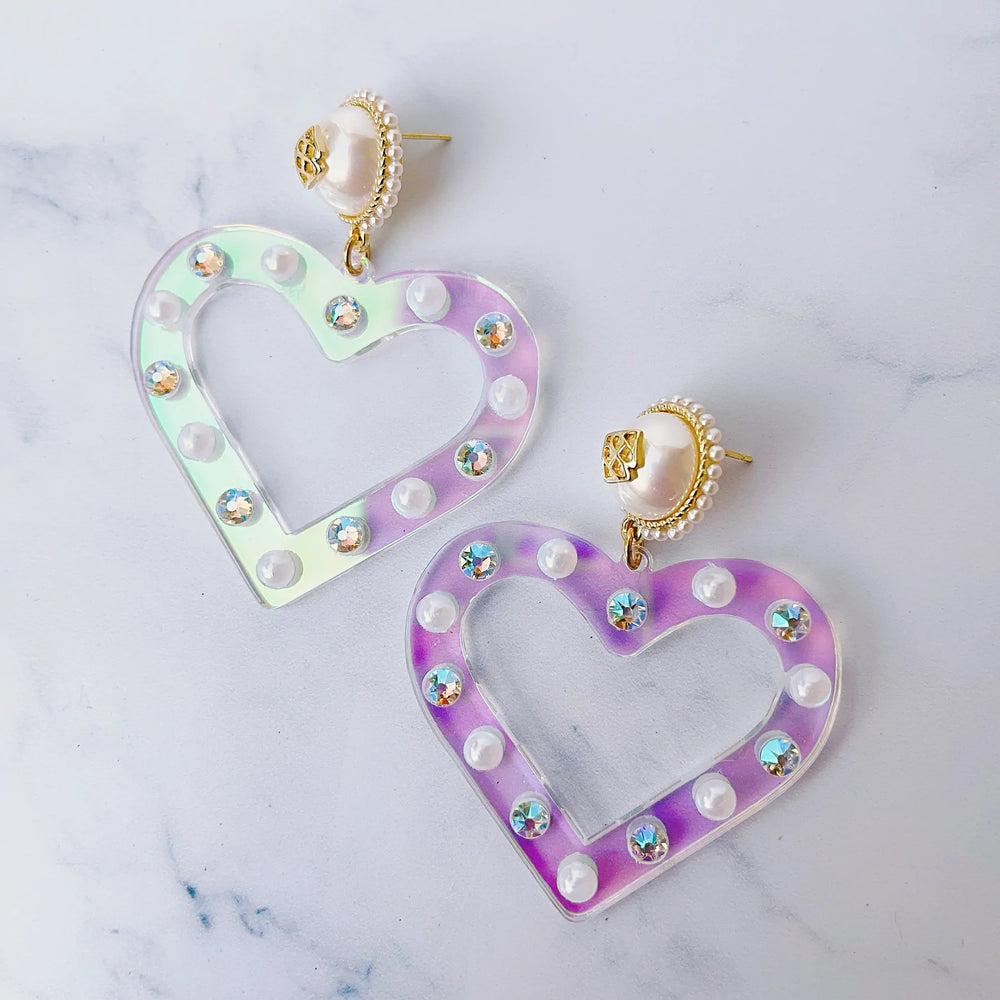 IRIDESCENT HEART EARRINGS WITH PEARLS AND CRYSTALS - Eden Lifestyle
