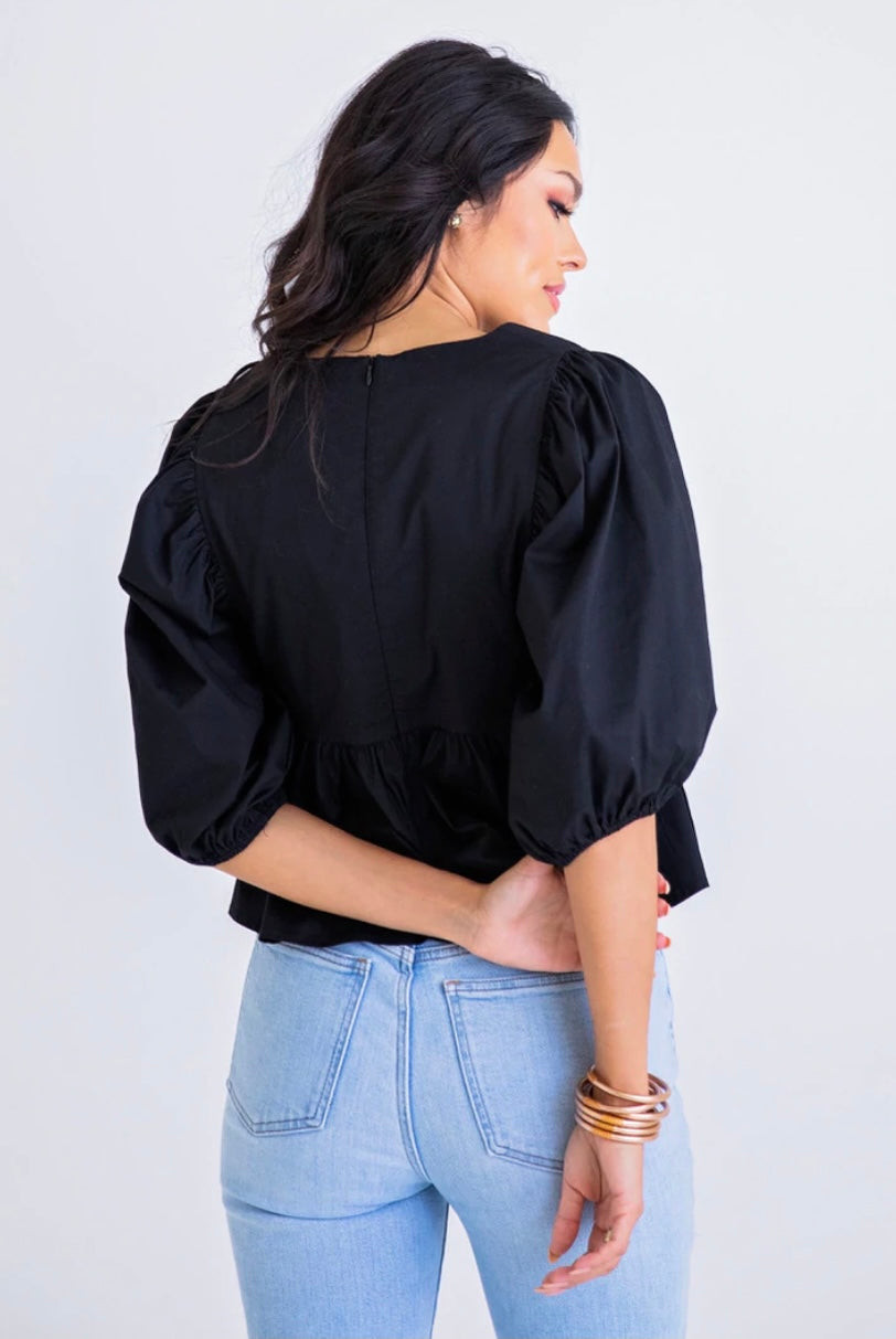 Black Vneck Poplin Puff Sleeve Top - Eden Lifestyle