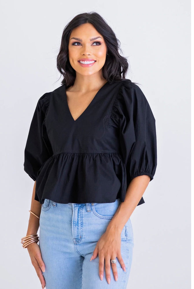 Black Vneck Poplin Puff Sleeve Top - Eden Lifestyle