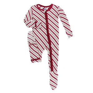 KicKee Pants, Baby Girl Apparel - One-Pieces,  KicKee Pants - Holiday Muffin Ruffle Footie- Rose Gold Candy Cane Stripe