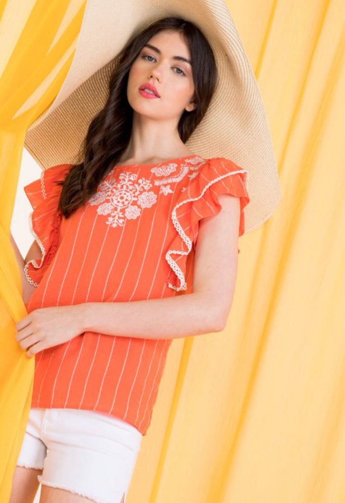 THML, Women - Shirts & Tops,  Details Embroidered Top -Coral