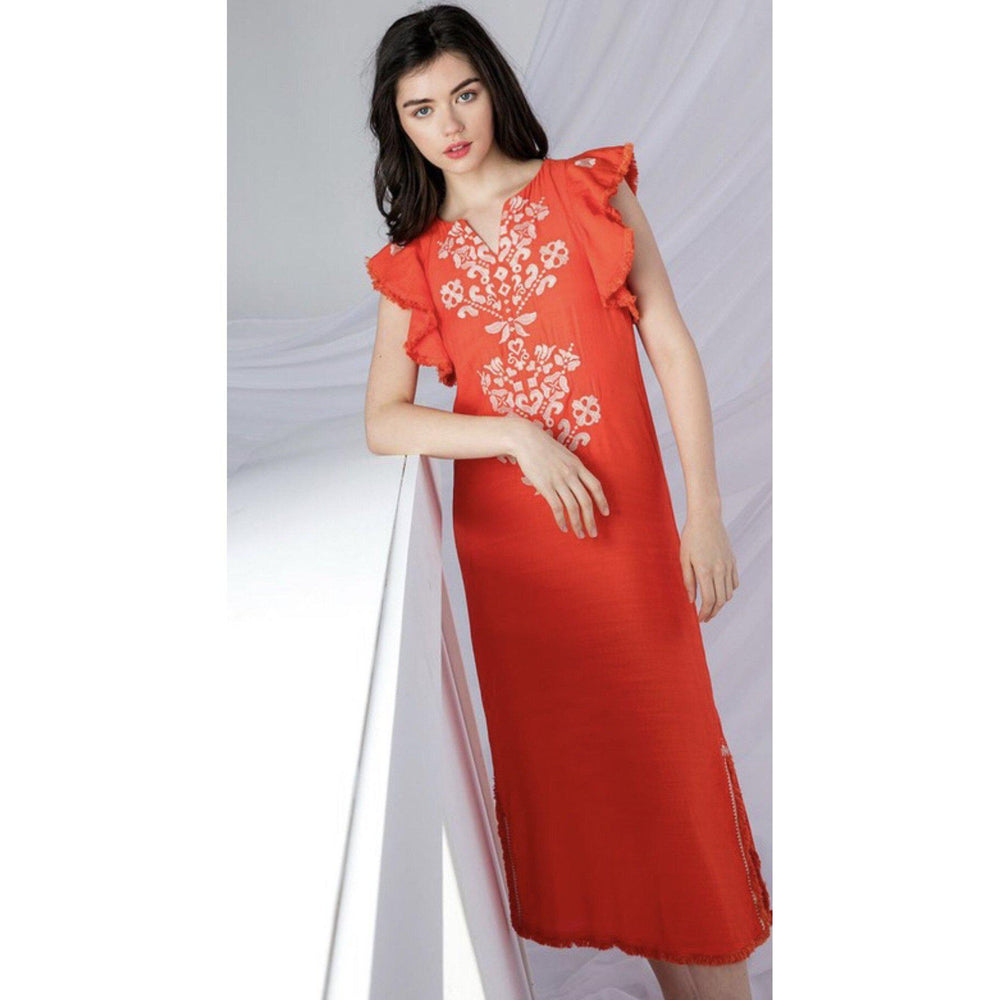 THML, Women - Dresses,  Red Embroidered Midi Dress