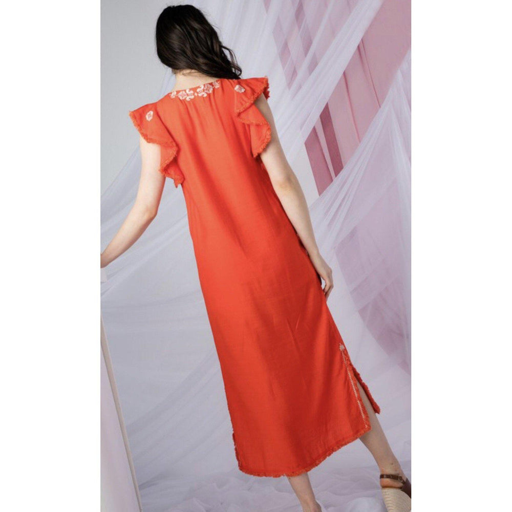 THML, Women - Dresses,  Red Embroidered Midi Dress