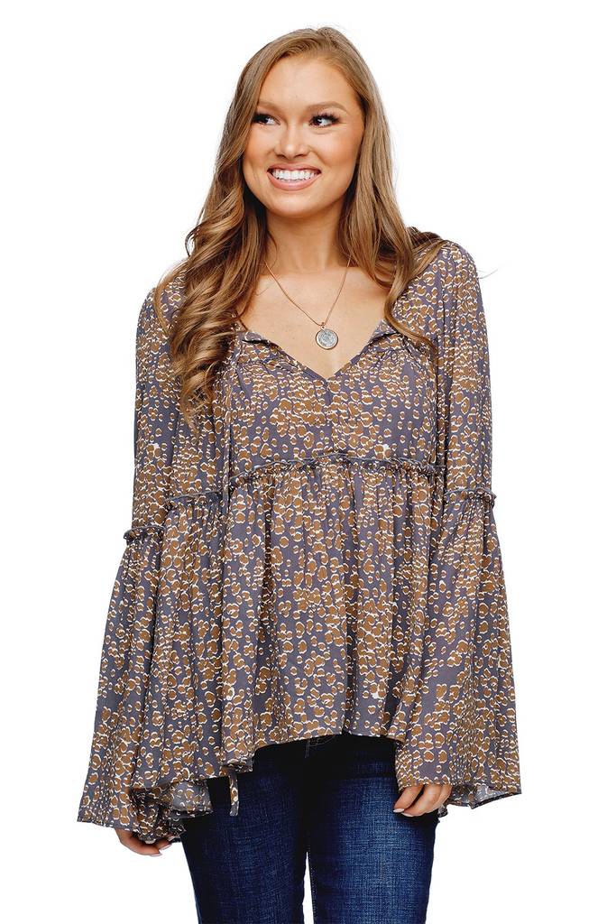 Buddy Love, Women - Shirts & Tops,  Jasper Tiered Lace Up Ruffled Bell Sleeve Top - Moss