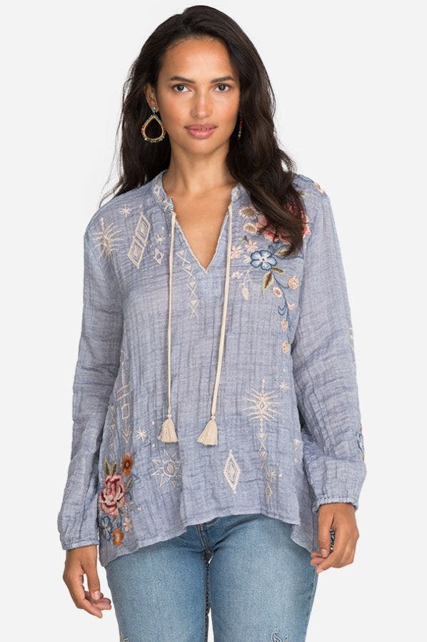 Johnny Was Umoya Effortless Scarf Back Blouse in Denim Blue - Eden Lifestyle