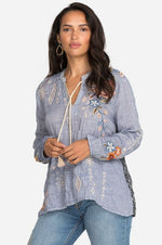 Johnny Was Umoya Effortless Scarf Back Blouse in Denim Blue - Eden Lifestyle