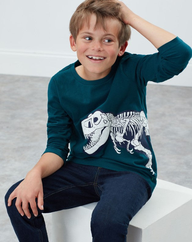 Joules, Boy - Tees,  Raymond Glow in the Dark Green Dino Skeleton Tee