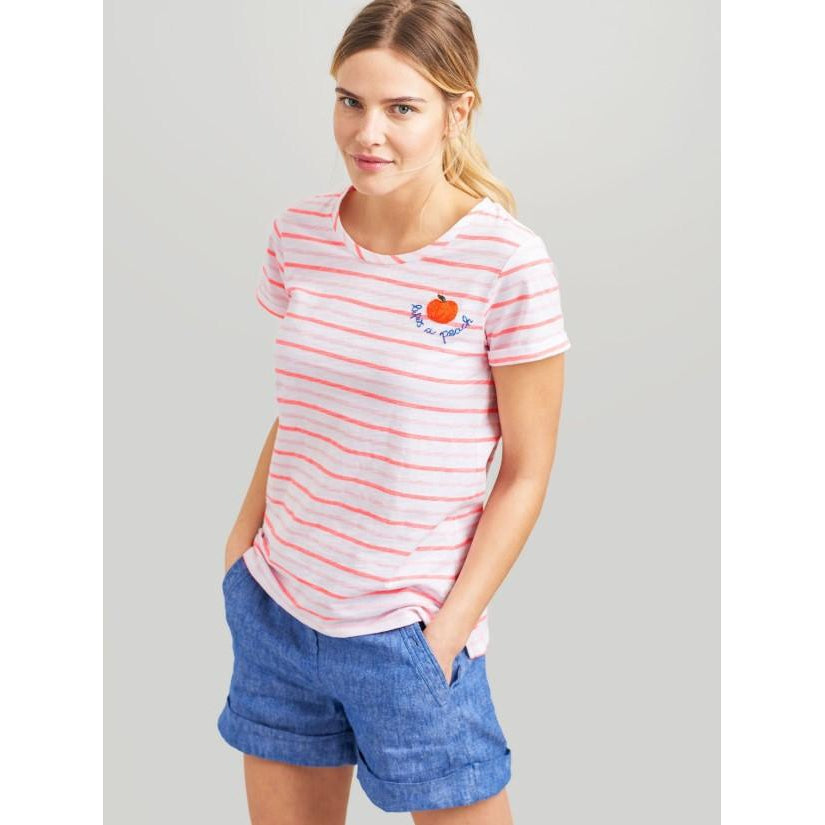 Joules, Women - Shirts & Tops,  Joules Nessa Pink Stripe Embroidered Lightweight Jersey T-Shirt