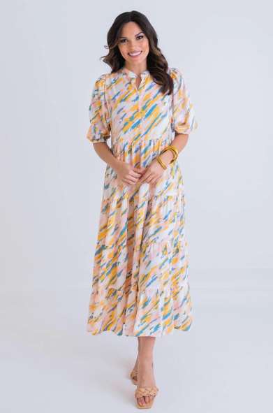 Abstract Puff Sleeve Tier Midi Dress - Eden Lifestyle