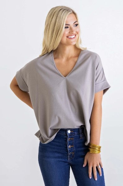 Karlie, Women - Shirts & Tops,  Grey Knit V-Neck Top
