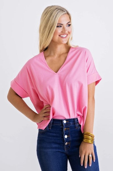 Karlie, Women - Shirts & Tops,  Pink Knit V-Neck Top
