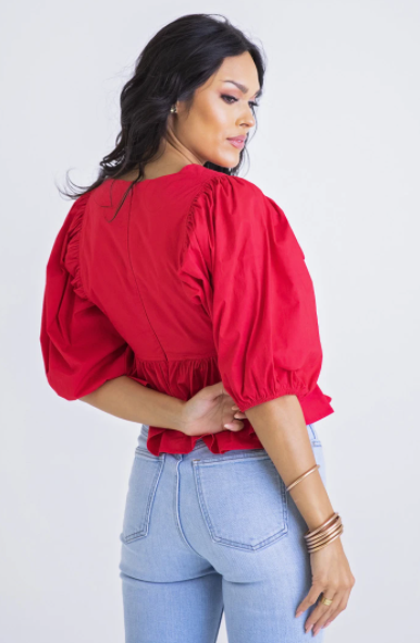 Vneck Poplin Puff Sleeve Top - Eden Lifestyle