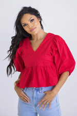 Vneck Poplin Puff Sleeve Top - Eden Lifestyle