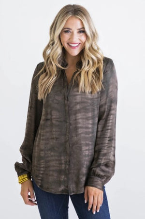 Karlie, Women - Shirts & Tops,  Brown Tie Dye Button Down Top