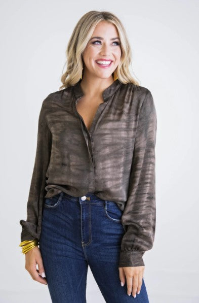 Karlie, Women - Shirts & Tops,  Brown Tie Dye Button Down Top