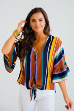 Karlie, Women - Shirts & Tops,  Multi Stripe Button Knot Top