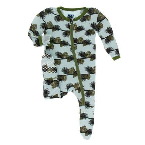 KicKee Pants, Baby Girl Apparel - Pajamas,  Kickee Pants - Holiday Print Muffin Ruffle Footie with Zipper - Spring Sky Pine Cones