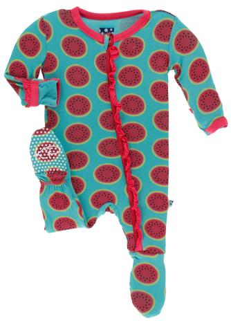 KicKee Pants, Baby Girl Apparel - Pajamas,  KicKee Pants - Print Muffin Ruffle Footie - Neptune Watermelon