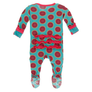 KicKee Pants, Baby Girl Apparel - Pajamas,  KicKee Pants - Print Muffin Ruffle Footie - Neptune Watermelon